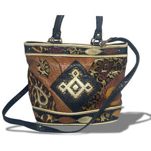 Vintage 80s NAS Patchwork Satchel Purse Faux Leather Multicolor Top Handle